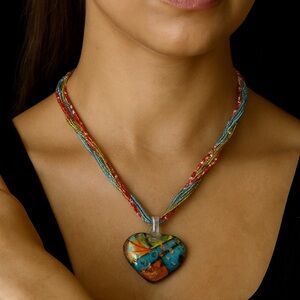 Multicolour Glass Heart Pendant with Beaded Necklace